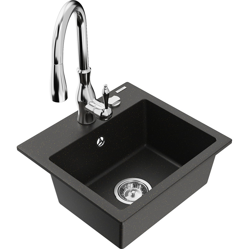 Mexen Milo 1-bowl granite kitchen sink with Savita kitchen faucet, black/gold metallic - 6505-75-672601-00