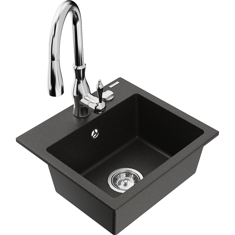 Mexen Milo 1-compartment granite sink with a kitchen mixer tap Savita, Black/Gold metallic- 6505-75-672601-00