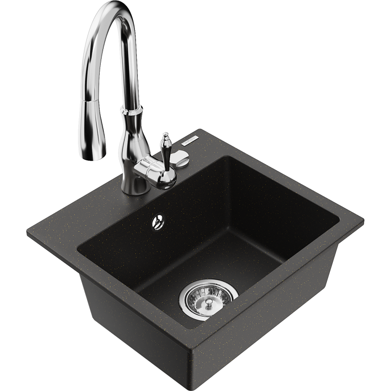Mexen Milo granite kitchen sink 1-bowl with Savita kitchen tap, black/gold metallic- 6505-75-672601-00