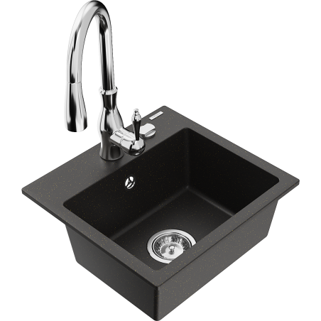 Mexen Milo granite kitchen sink 1-bowl with Savita kitchen tap, black/gold metallic- 6505-75-672601-00
