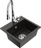 Mexen Milo granite kitchen sink 1-bowl with Savita kitchen tap, black/gold metallic- 6505-75-672601-00