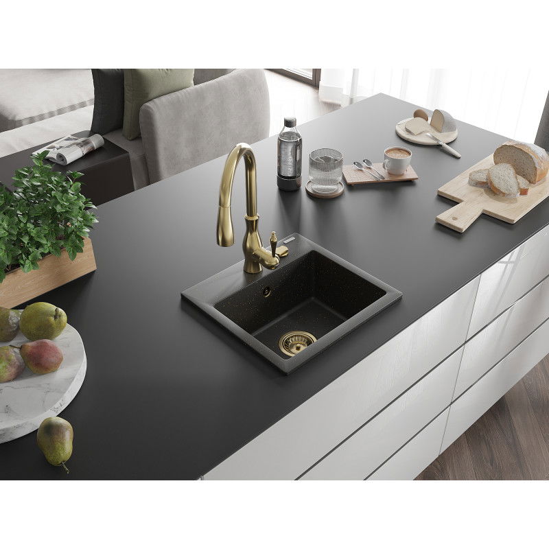 Mexen Milo granite sink 1-bowl with Savita kitchen tap, black/golden metallic- 6505-75-672601-50