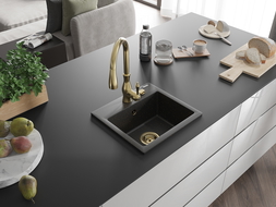 Mexen Milo 1-compartment granite sink with a kitchen mixer tap Savita, Black/Gold metallic- 6505-75-672601-50