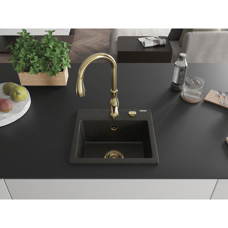 Mexen Milo granite sink 1-bowl with Savita kitchen tap, black/golden metallic- 6505-75-672601-50