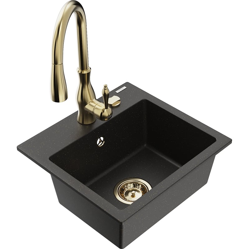 Mexen Milo 1-bowl granite sink with Savita kitchen faucet, black/gold metallic - 6505-75-672601-50