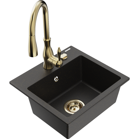 Mexen Milo 1-bowl granite sink with Savita kitchen faucet, black/gold metallic - 6505-75-672601-50