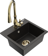 Mexen Milo 1-compartment granite sink with a kitchen mixer tap Savita, Black/Gold metallic- 6505-75-672601-50