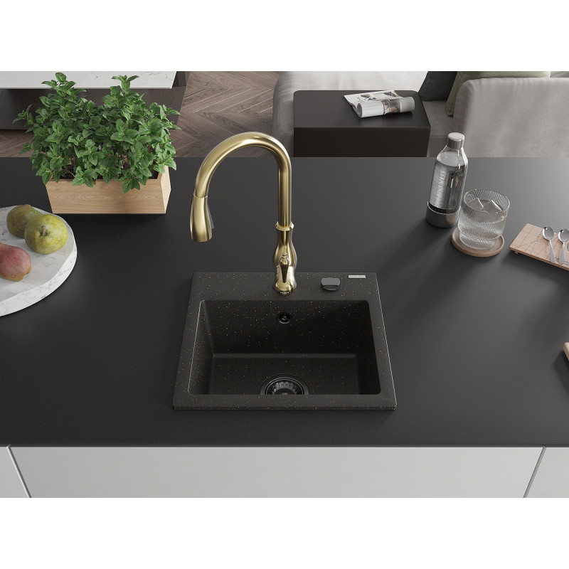 Mexen Milo 1-bowl granite sink with Savita kitchen faucet, black/gold metallic - 6505-75-672601-50-B
