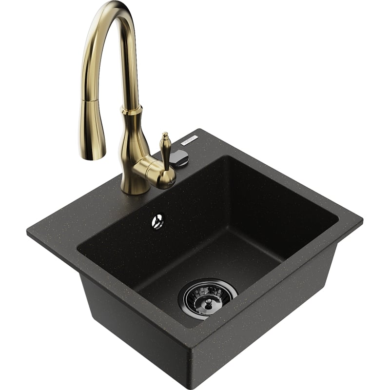 Mexen Milo 1-bowl granite sink with Savita kitchen faucet, black/gold metallic - 6505-75-672601-50-B