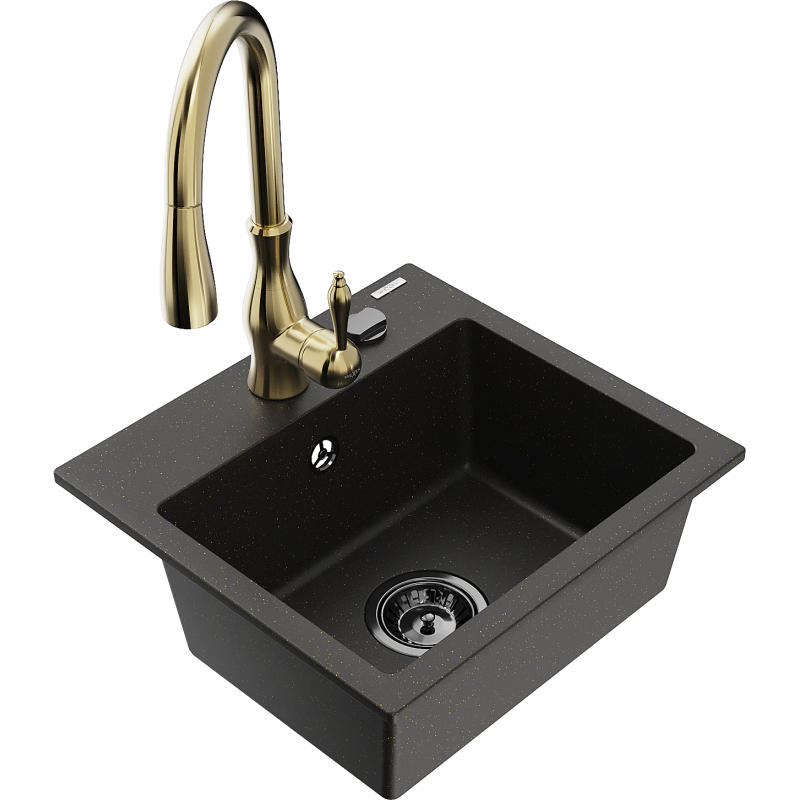Mexen Milo 1-bowl granite sink with Savita kitchen tap, black/gold metallic - 6505-75-672601-50-B