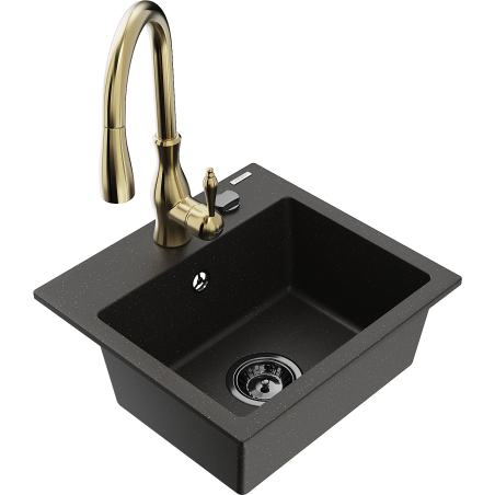 Mexen Milo 1-bowl granite kitchen sink with Savita faucet, black/golden metallic - 6505-75-672601-50-B