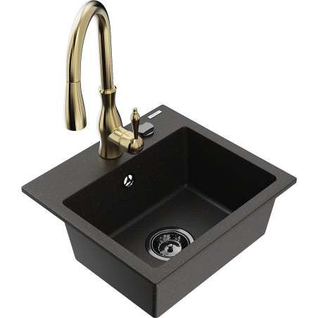 Mexen Milo 1-bowl granite sink with Savita kitchen faucet, black/gold metallic - 6505-75-672601-50-B