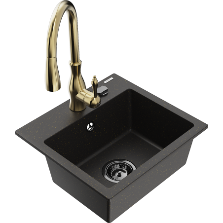Mexen Milo 1-bowl granite sink with Savita kitchen tap, black/gold metallic - 6505-75-672601-50-B