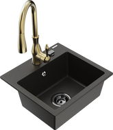 Mexen Milo 1-bowl granite kitchen sink with Savita faucet, black/golden metallic - 6505-75-672601-50-B