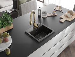 Mexen Milo 1-bowl granite sink with Savita kitchen tap, black/gold metallic - 6505-75-672601-50-B