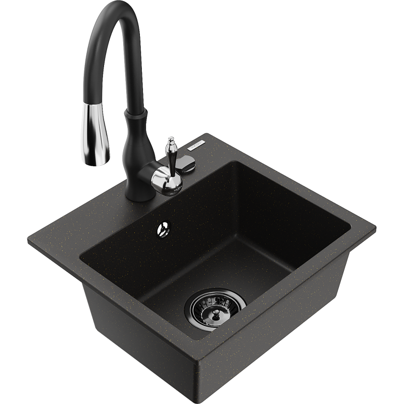 Mexen Milo 1-compartment granite sink with a kitchen mixer tap Savita, Black/Gold metallic- 6505-75-672601-70-B