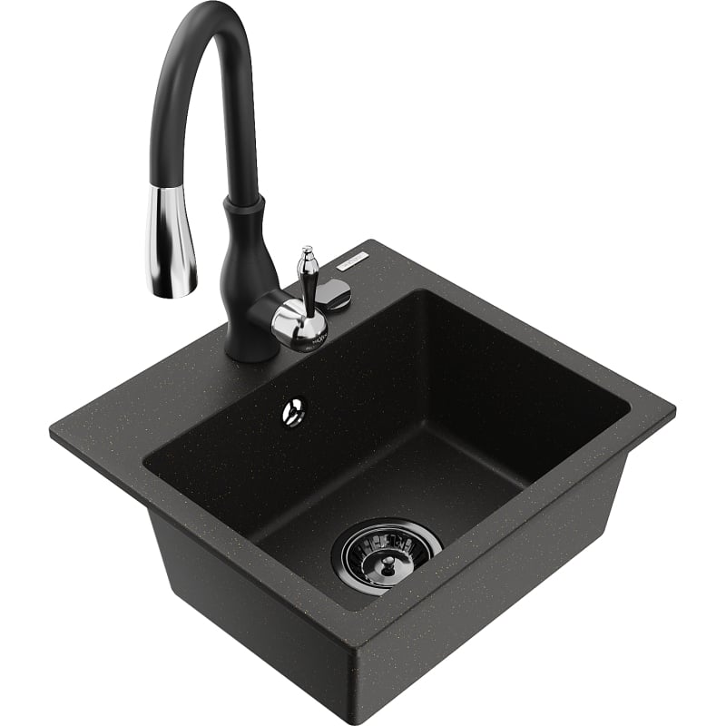 Mexen Milo granite kitchen sink 1-bowl with Savita kitchen faucet, black/gold metallic - 6505-75-672601-70-B