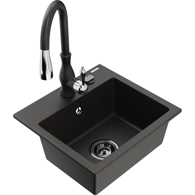 Mexen Milo granite sink, single bowl with Savita kitchen tap, black/gold metallic- 6505-75-672601-70-B