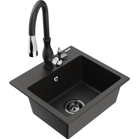 Mexen Milo 1-bowl granite sink with Savita kitchen faucet, black/gold metallic - 6505-75-672601-70-B