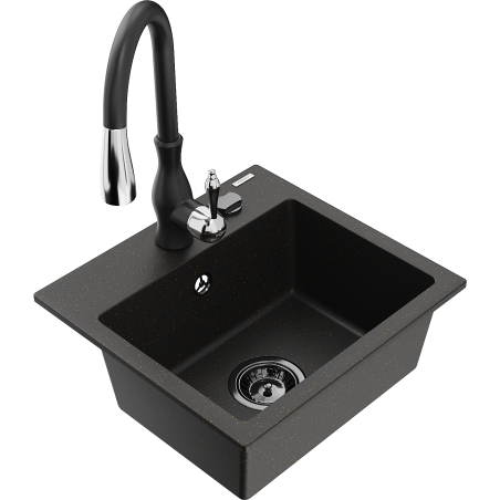Mexen Milo granite kitchen sink 1-bowl with Savita kitchen faucet, black/gold metallic - 6505-75-672601-70-B