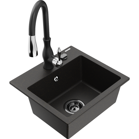 Mexen Milo granite sink, single bowl with Savita kitchen tap, black/gold metallic- 6505-75-672601-70-B