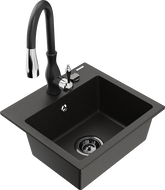 Mexen Milo granite sink, single bowl with Savita kitchen tap, black/gold metallic- 6505-75-672601-70-B