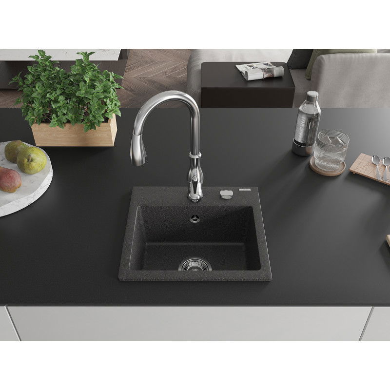 Mexen Milo single-bowl granite sink with Savita kitchen tap, black/gold metallic - 6505-75-672601-70