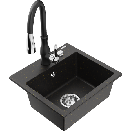 Mexen Milo single-bowl granite sink with Savita kitchen tap, black/gold metallic - 6505-75-672601-70