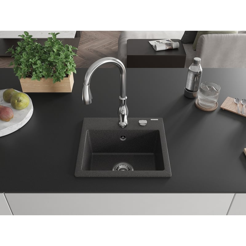 Mexen Milo 1-bowl granite sink with Savita kitchen faucet, black speckled - 6505-76-672601-00