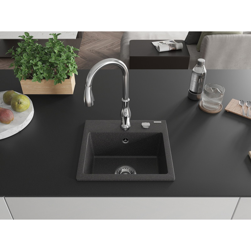 Mexen Milo granite kitchen sink 1-bowl with Savita faucet, black speckled - 6505-76-672601-00
