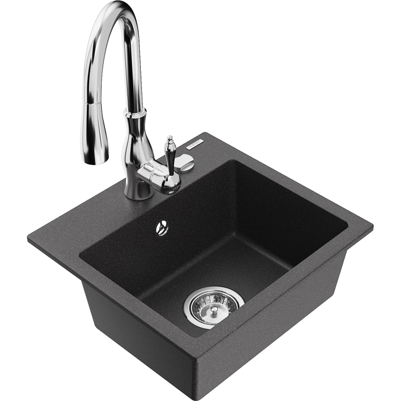 Mexen Milo 1-compartment granite sink with a kitchen mixer tap Savita, spotted black - 6505-76-672601-00