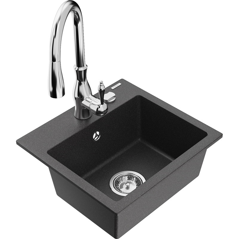 Mexen Milo granite kitchen sink 1-bowl with Savita faucet, black speckled - 6505-76-672601-00