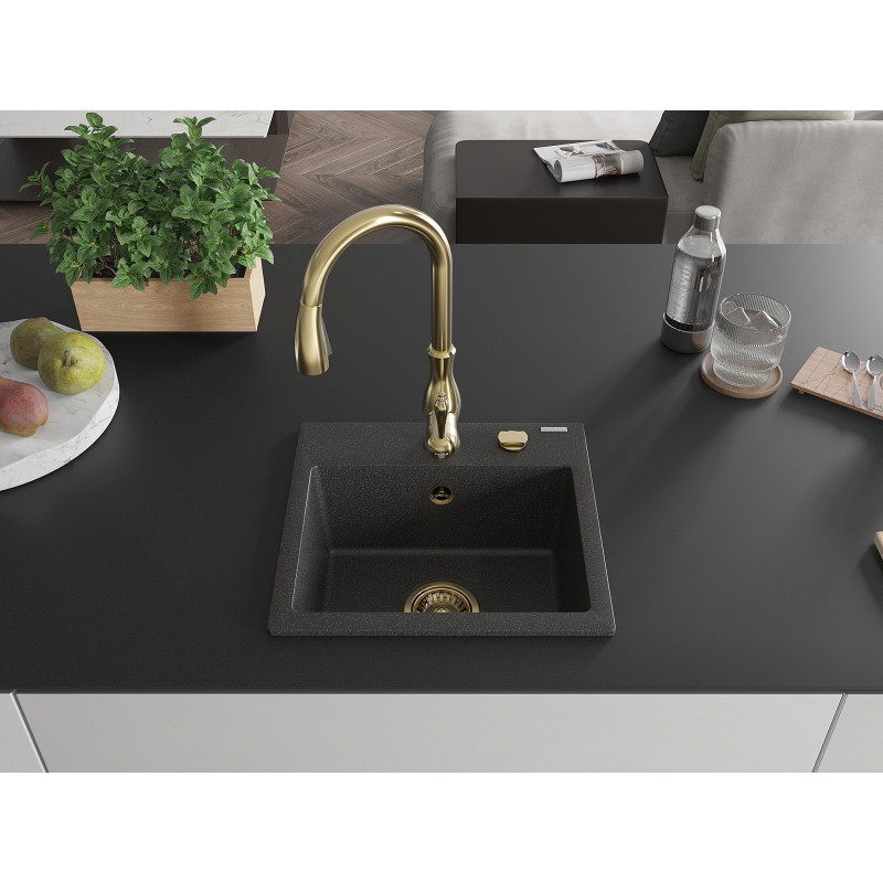 Mexen Milo 1-bowl granite sink with Savita kitchen faucet, black speckled - 6505-76-672601-50