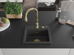 Mexen Milo 1-bowl granite sink with Savita kitchen faucet, black speckled - 6505-76-672601-50