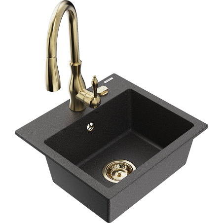 Mexen Milo 1-bowl granite kitchen sink with Savita tap, black speckled - 6505-76-672601-50