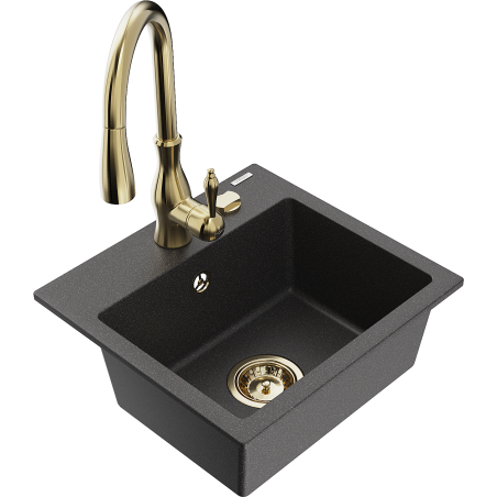 Mexen Milo granite kitchen sink 1-bowl with Savita kitchen faucet, black speckled - 6505-76-672601-50