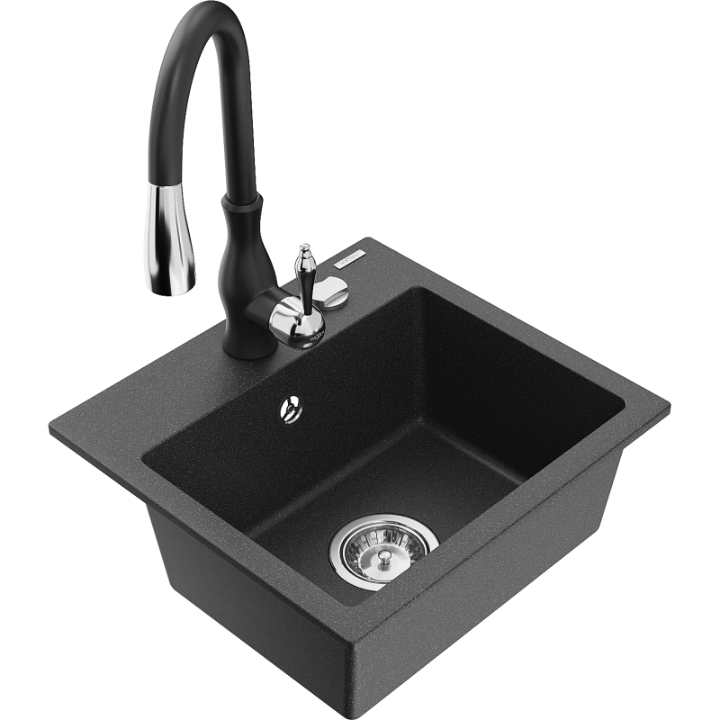 Mexen Milo 1-compartment granite sink with a kitchen mixer tap Savita, spotted black - 6505-76-672601-70
