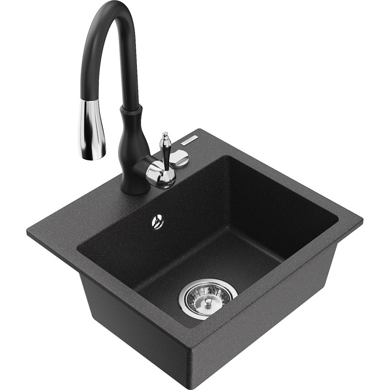 Mexen Milo granite kitchen sink 1-bowl with Savita kitchen faucet, speckled black - 6505-76-672601-70