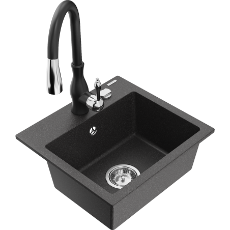 Mexen Milo 1-compartment granite sink with a kitchen mixer tap Savita, spotted black - 6505-76-672601-70