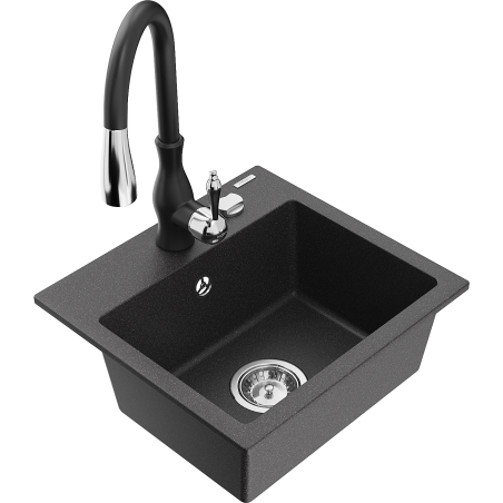 Mexen Milo granite kitchen sink 1-bowl with Savita kitchen faucet, speckled black - 6505-76-672601-70