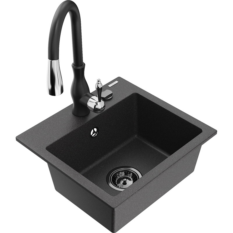 Mexen Milo 1-Bowl Granite Sink with Savita Kitchen Faucet, Black Speckled - 6505-76-672601-70-B