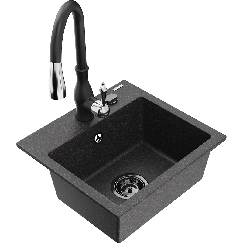 Mexen Milo 1-bowl granite sink with Savita kitchen tap, black speckled - 6505-76-672601-70-B