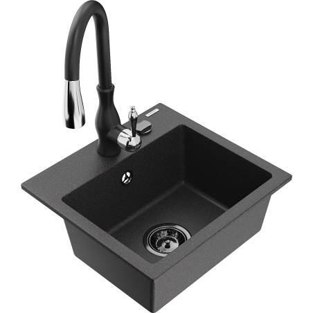 Mexen Milo 1-bowl granite sink with Savita kitchen faucet, speckled black - 6505-76-672601-70-B