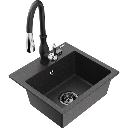 Mexen Milo 1-compartment granite sink with a kitchen mixer tap Savita, spotted black - 6505-76-672601-70-B