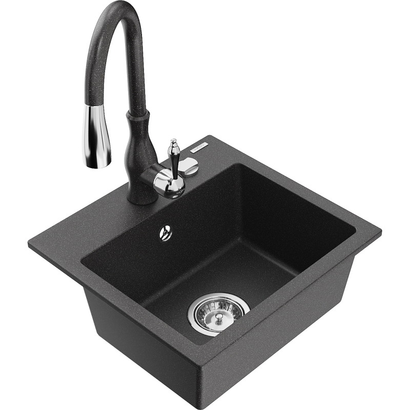 Mexen Milo 1-bowl Granite Sink with Savita Kitchen Faucet, Black Speckled - 6505-76-672601-76