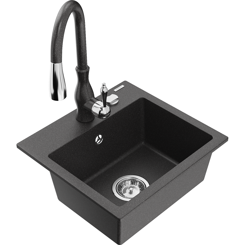 Mexen Milo 1-compartment granite sink with a kitchen mixer tap Savita, spotted black - 6505-76-672601-76