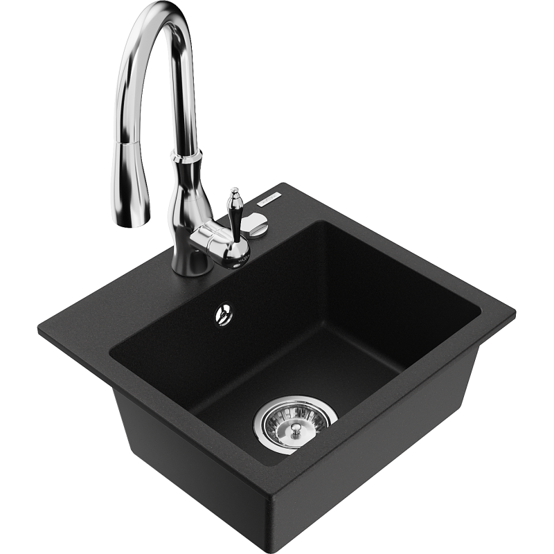 Mexen Milo granite kitchen sink 1-bowl with Savita kitchen tap, black - 6505-77-672601-00