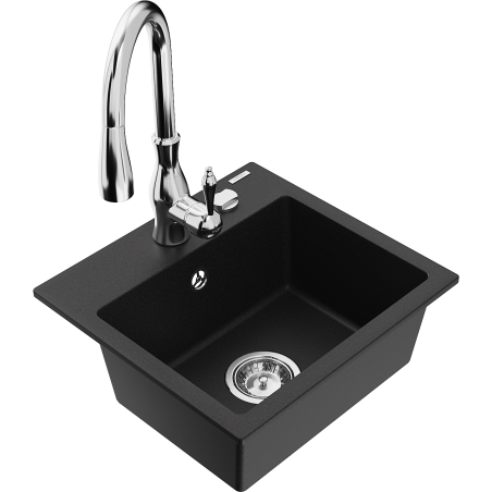 Mexen Milo granite kitchen sink 1-bowl with Savita kitchen tap, black - 6505-77-672601-00