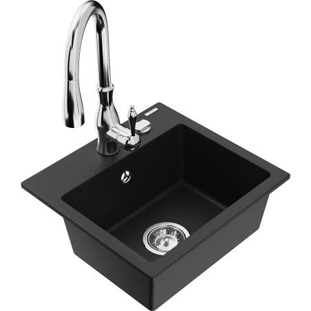 Mexen Milo granite sink 1-bowl with Savita kitchen faucet, black - 6505-77-672601-00