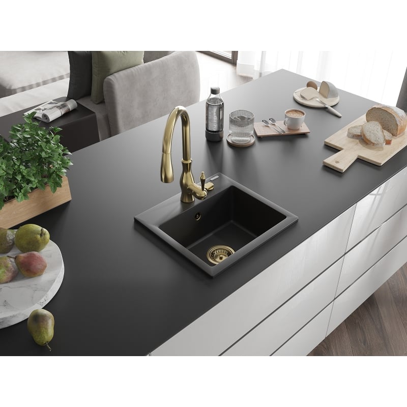 Mexen Milo granite kitchen sink 1-bowl with Savita kitchen faucet, black - 6505-77-672601-50